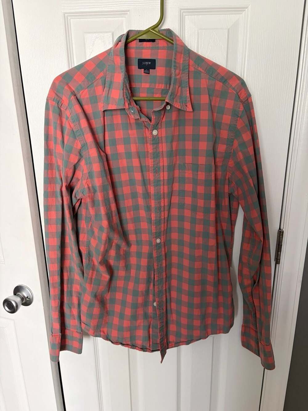 J.Crew Slim Fit Men's Salmon Pink and Grey Plaid Button Down Shirt